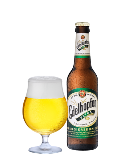 Edelhopfen EXTRA 0,33 l Flasche und Glas