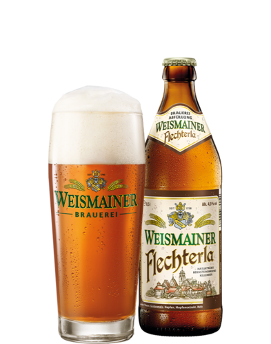 Weismainer Flechterla 0,50 l Flasche und Glas