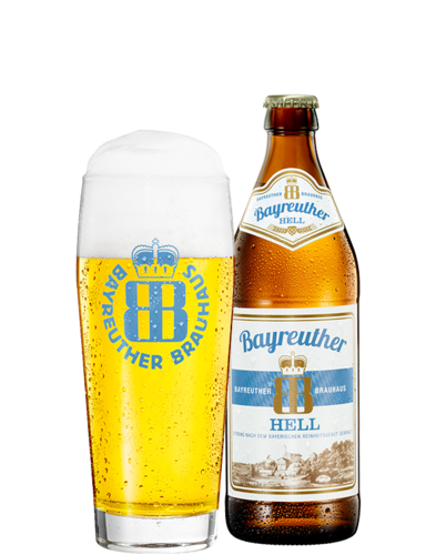 Bayreuther HELL 0,50 l Flasche und Glas