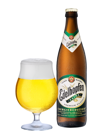 Edelhipfen EXTRA 0,5 l Flasche und Glas
