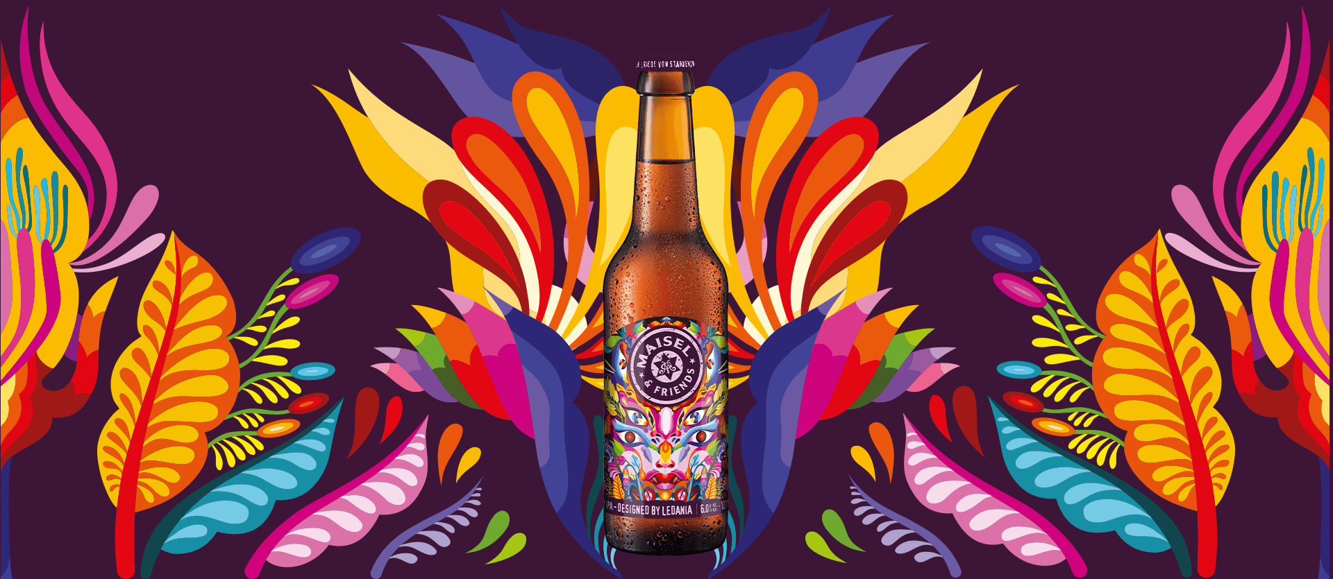 maisel & Friends Artbeer #7 Flasche auf psychdelischer Hintergrundgrafik imStil der 60er Jahre