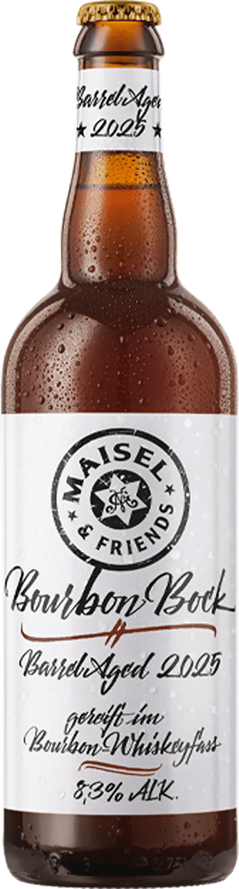 Flasche Bourbon Bock 2025 mit weißem Etikett und geschwungener Handschrift