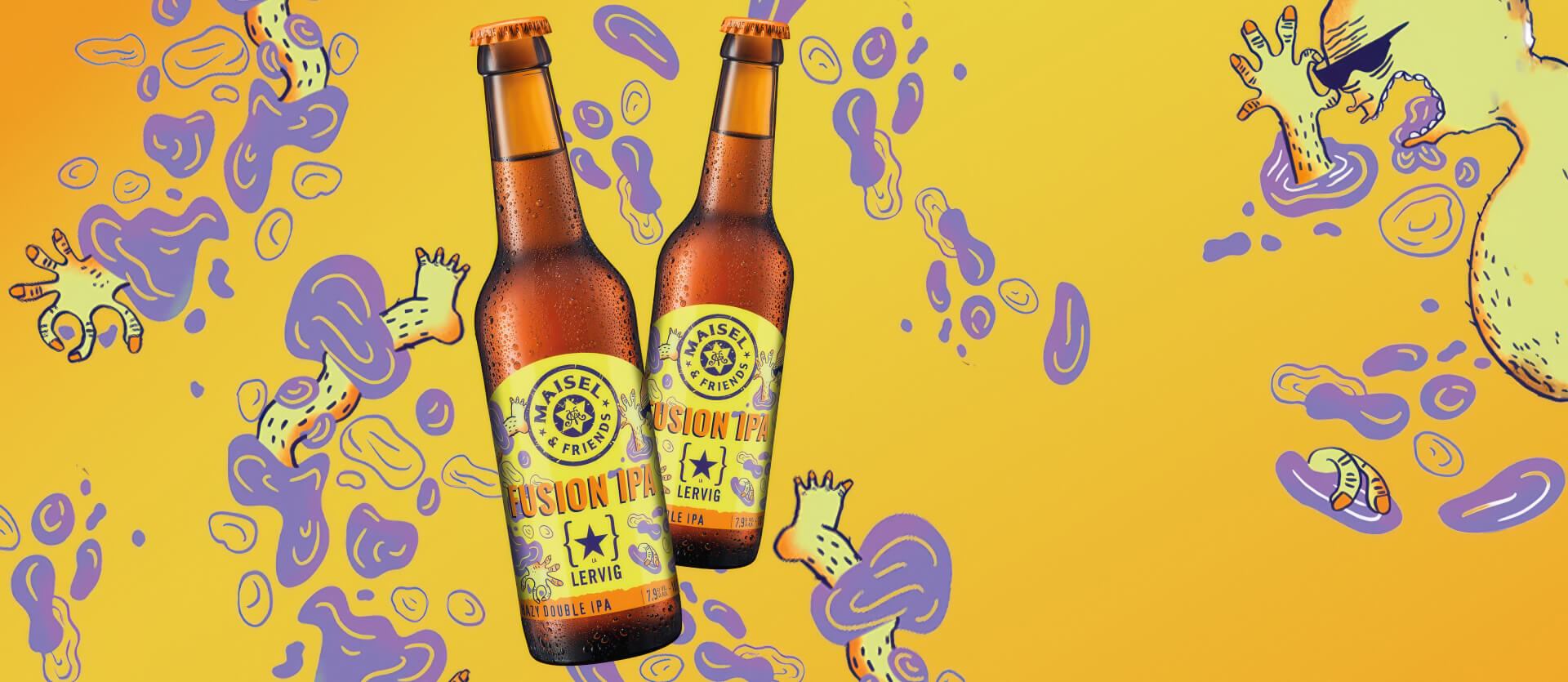 Zwei Flaschen des Lervig Fusion IPA mit gelbem Etikett vor einem gelben Hintergrund mit lila Illustrationen im Urban-Art-Style