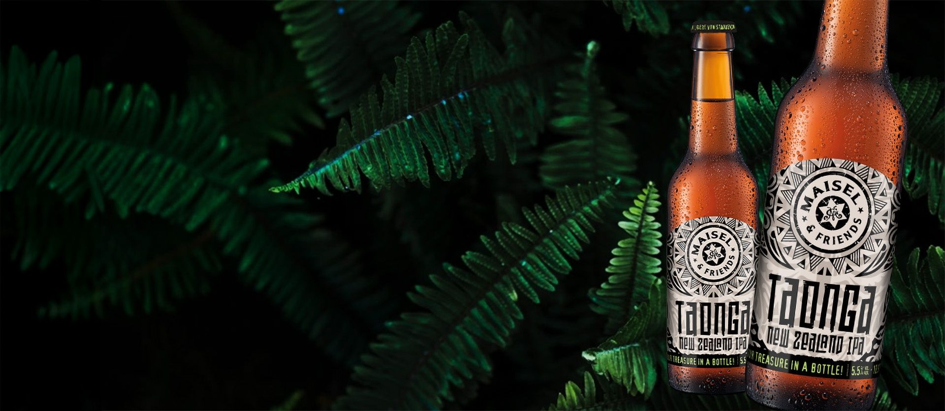 2 Flaschen von Maisel & Friends Taonga IPA vor einer grünen Farn-Wand. Das Falscaenetikett ist vorwiegend in schwarz-weiß gehalten mit hellgrünen Akzenten und zeigt ein traditionelles Maori-Muster.