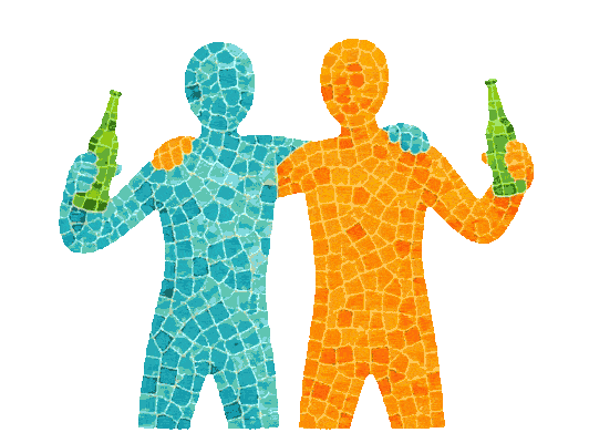 Zwei stilisierte Mosaik-Figuren halten Bierflaschen in den Händen und liegen sich in den Armen.