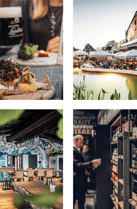 Collage aus vier Szenen: oben links Speisen und Bier im Restaurant, oben rechts Biergarten am Wasser mit vielen Gästen, unten links moderner Innenraum einer Gastronomie, unten rechts Personen bei der Auswahl von Bierspezialitäten. Zeigt kulinarische Erlebnisse für Gruppen.
