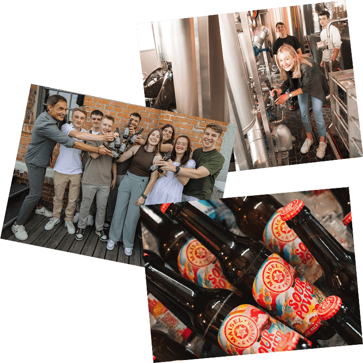 Azubis der Brauerei Maisel & Friends arbeiten an Brauanlagen sowie Flaschen mit Sour Power Bier.
