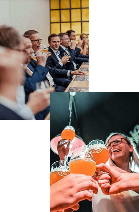 Zwei Fotos: Tagung im Raum Callista mit einer großen Gruppe an Leuten in Business-Outfits bei einem Biertasting. EIne Frau stößt zusammen mit anderen auf ein Maisel & Friends Pale Ale an.
