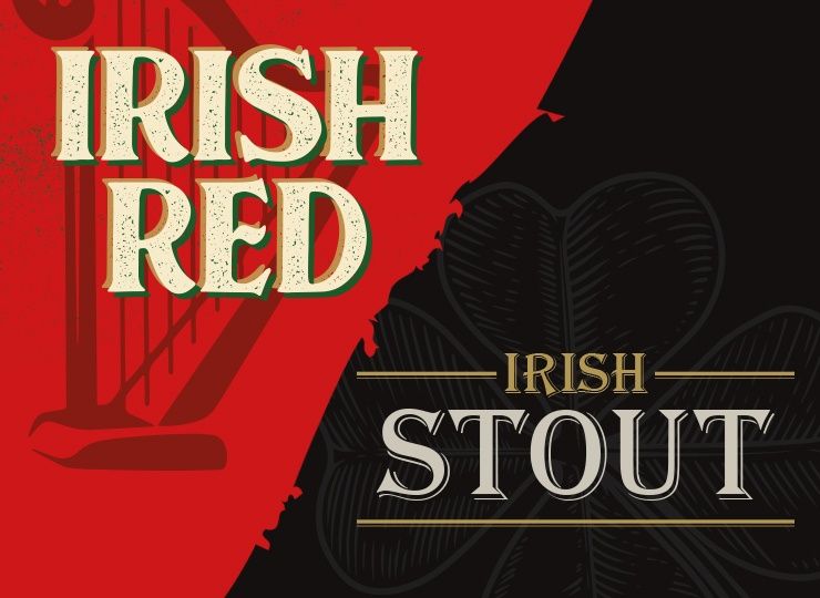 Maisel & Friends Irish Red logos (beige lettering on a red surface with a harp graphic in the background) and Irish Stout logos (gold lettering on a dark brown surface with a shamrock graphic in the background)