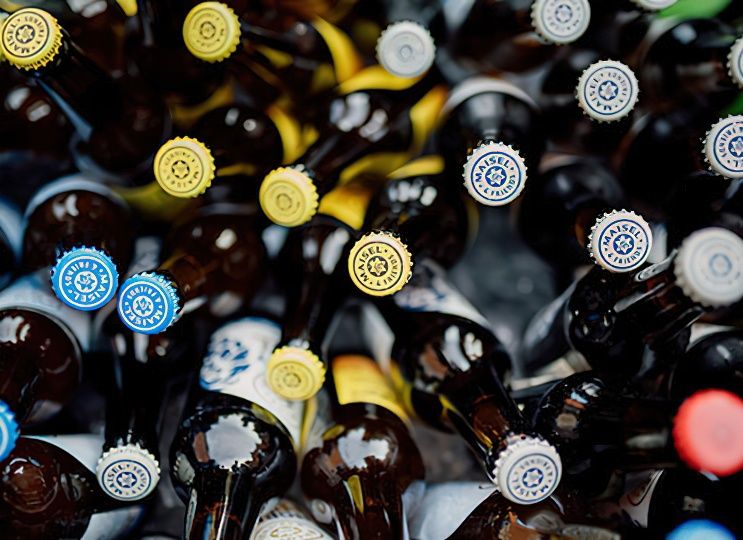 Maisel bottles in an ice tray with their caps facing the camera