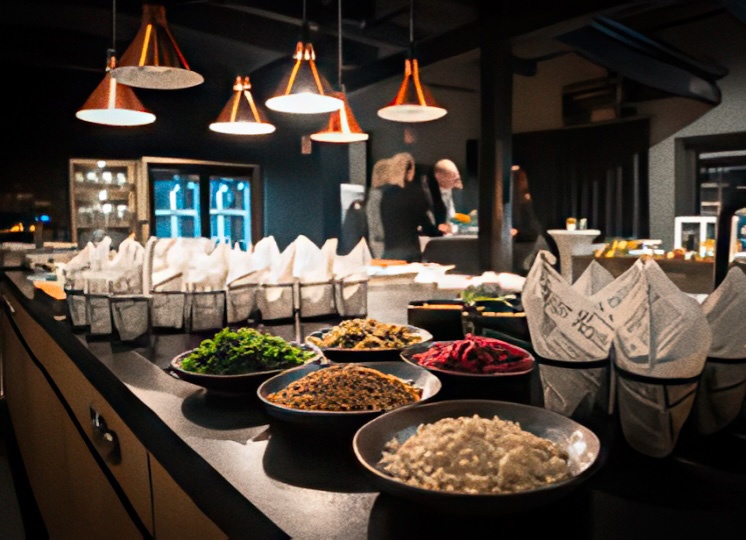 Modern angerichtetes Buffet mit verschiedenen Beilagen und Speisen in Schalen, daneben gefaltete Servietten. Warme Beleuchtung und offene Küche im Hintergrund sorgen für eine hochwertige, einladende Atmosphäre.